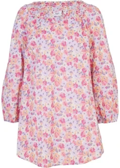 Longue Tunique En Coton Avec Encolure Smockée Et Manches Ballon -Mode Femme 22272463 GtdKDio0