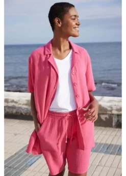 Chemise Longue En Gaze De Coton Avec Patte De Boutonnage, Manches Courtes -Mode Femme 23046785 hMA2iFXx