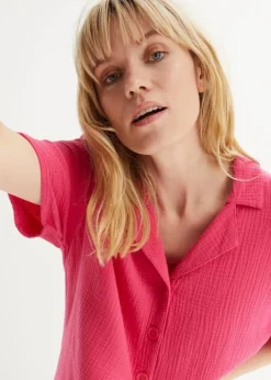 Chemise Longue En Gaze De Coton Avec Patte De Boutonnage, Manches Courtes -Mode Femme 23050037 2uOJc3Dg