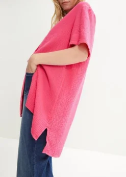 Chemise Longue En Gaze De Coton Avec Patte De Boutonnage, Manches Courtes -Mode Femme 23050043 s9gscdin