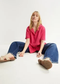 Chemise Longue En Gaze De Coton Avec Patte De Boutonnage, Manches Courtes -Mode Femme 23050047 FGLLa9PM