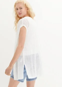 Gilet Sans Manches En Maille Ajourée Avec Fentes Latérales -Mode Femme 23062116 SQMv7Nh2