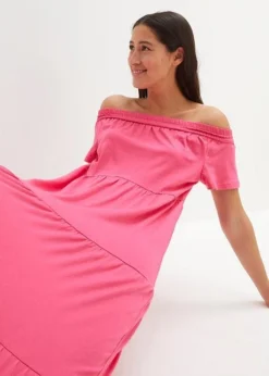 Robe Longue En Jersey Coton Avec Volants Et Encolure Carmen -Mode Femme 23078312 hx8Po5mE