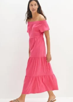 Robe Longue En Jersey Coton Avec Volants Et Encolure Carmen -Mode Femme 23078321 v8TJoXzp